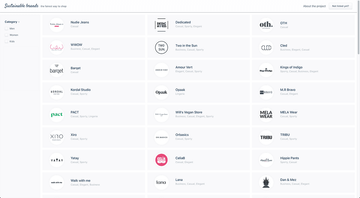 Screenshot of the first version of our the sustainable list